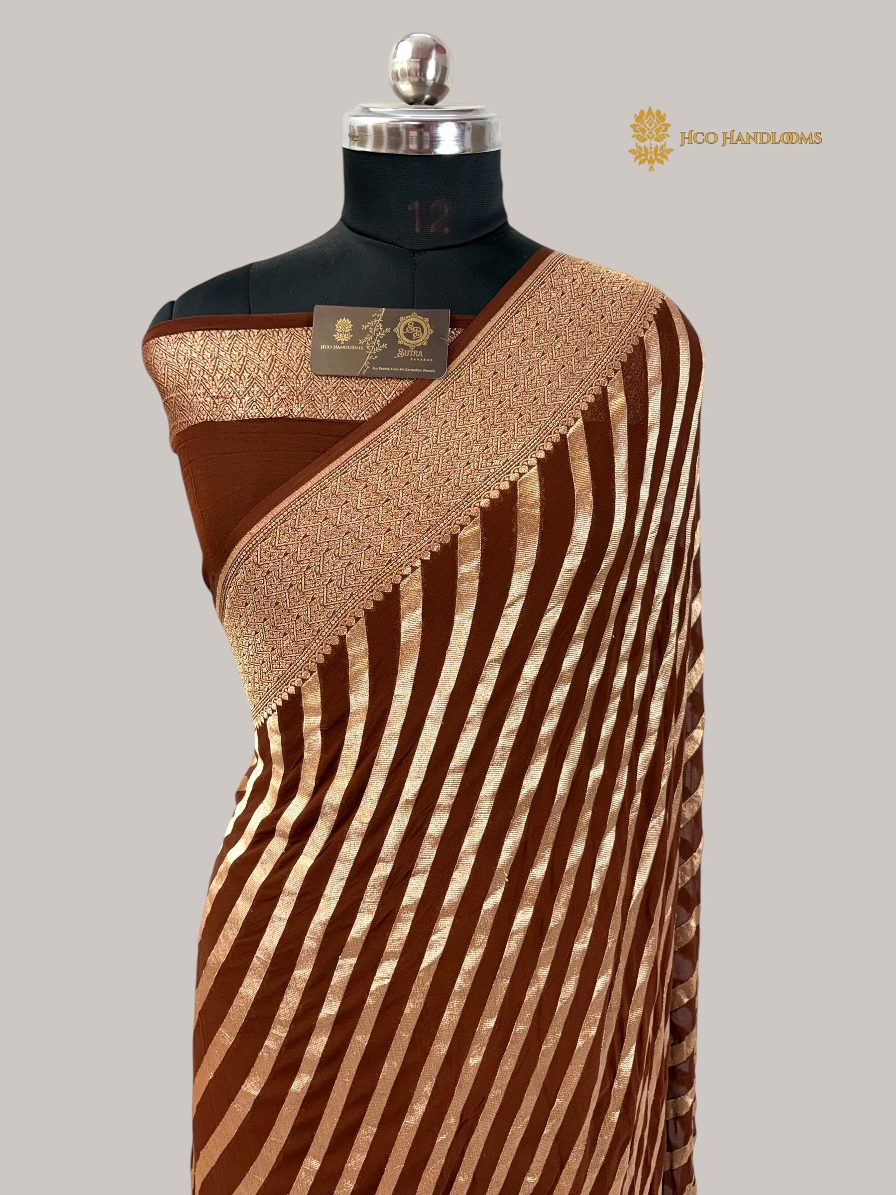 Brown Pure Khaddi Georgette Silk handloom Banarasi Saree - Water Zari