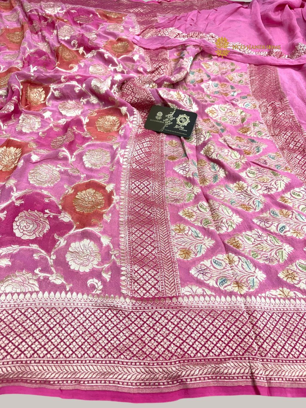 Pink Pure Khaddi Georgette Silk  Rangkat Handloom Banarasi Saree - Water Zari