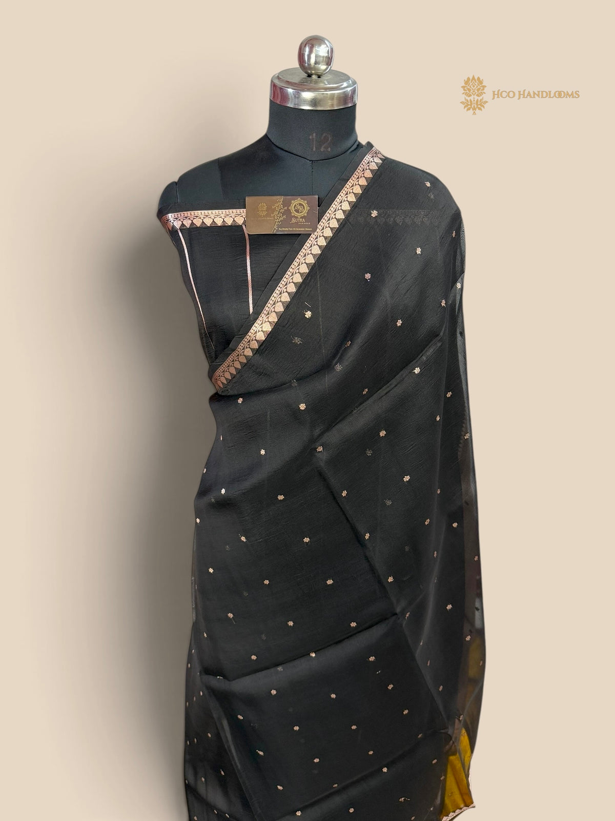 Black Pure Kora Silk Handloom Banarasi Saree - All Over Small Buti