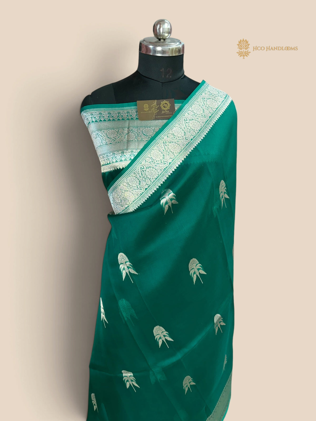 Sea Green Pure Kora Silk Handloom Banarasi Saree - All Over Kadhua Motifs