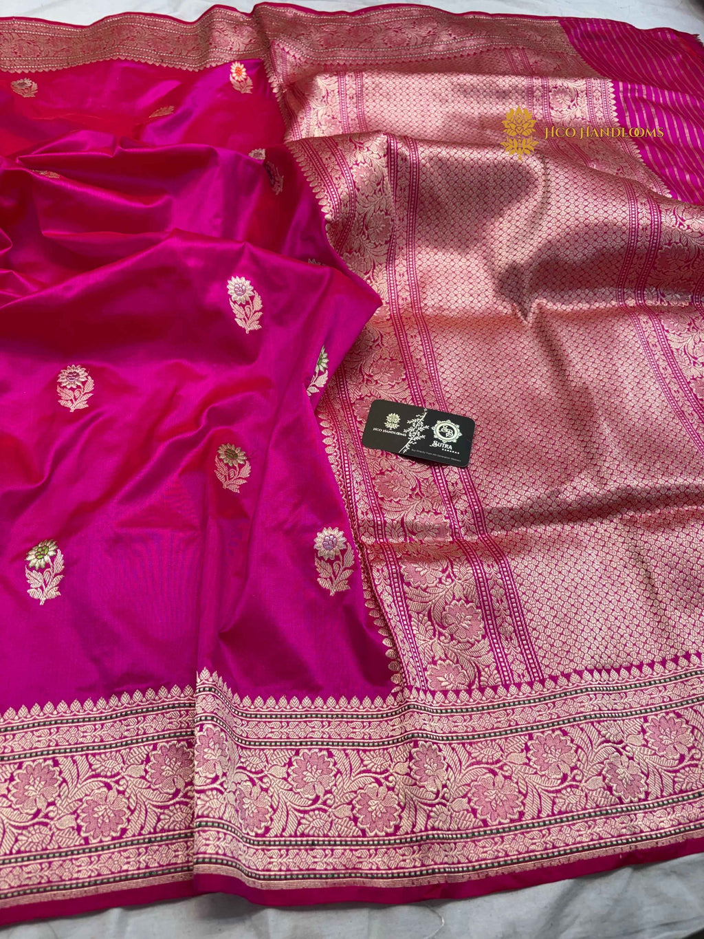 Rani Pink Pure Katan Silk Handloom banarasi saree - All Over Kadhua Motifs