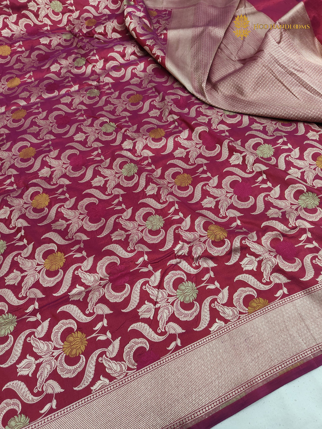 Rani Pink Pure Katan Silk Handloom Banarasi Saree - All Over Meenakari Brocade Jangla
