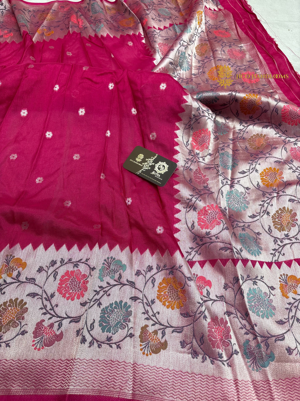 Cherry Pink Matka Tussar Silk Banarasi Saree - All Over Motifs & Paithani