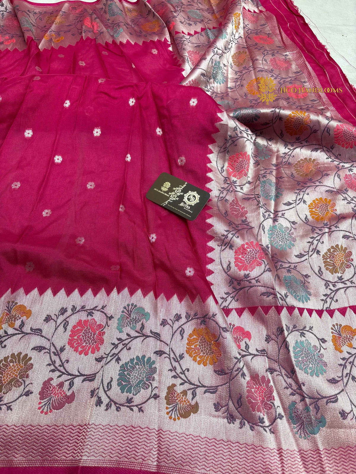 Cherry Pink Matka Tussar Silk Banarasi Saree - All Over Motifs & Paithani
