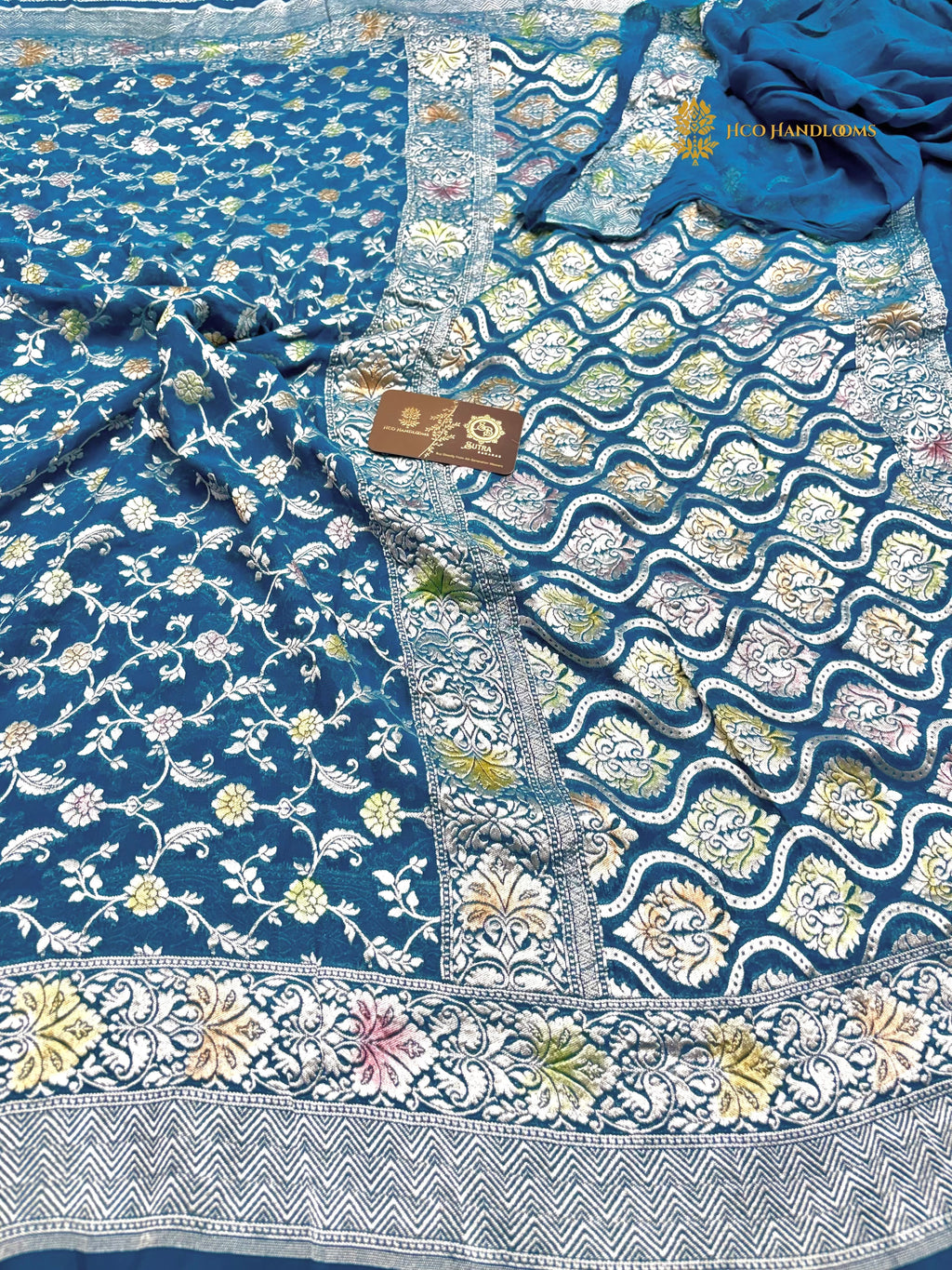 Blue Pure Khaddi Georgette Silk Handloom Banarasi Saree - All Over Meenakari Jaal