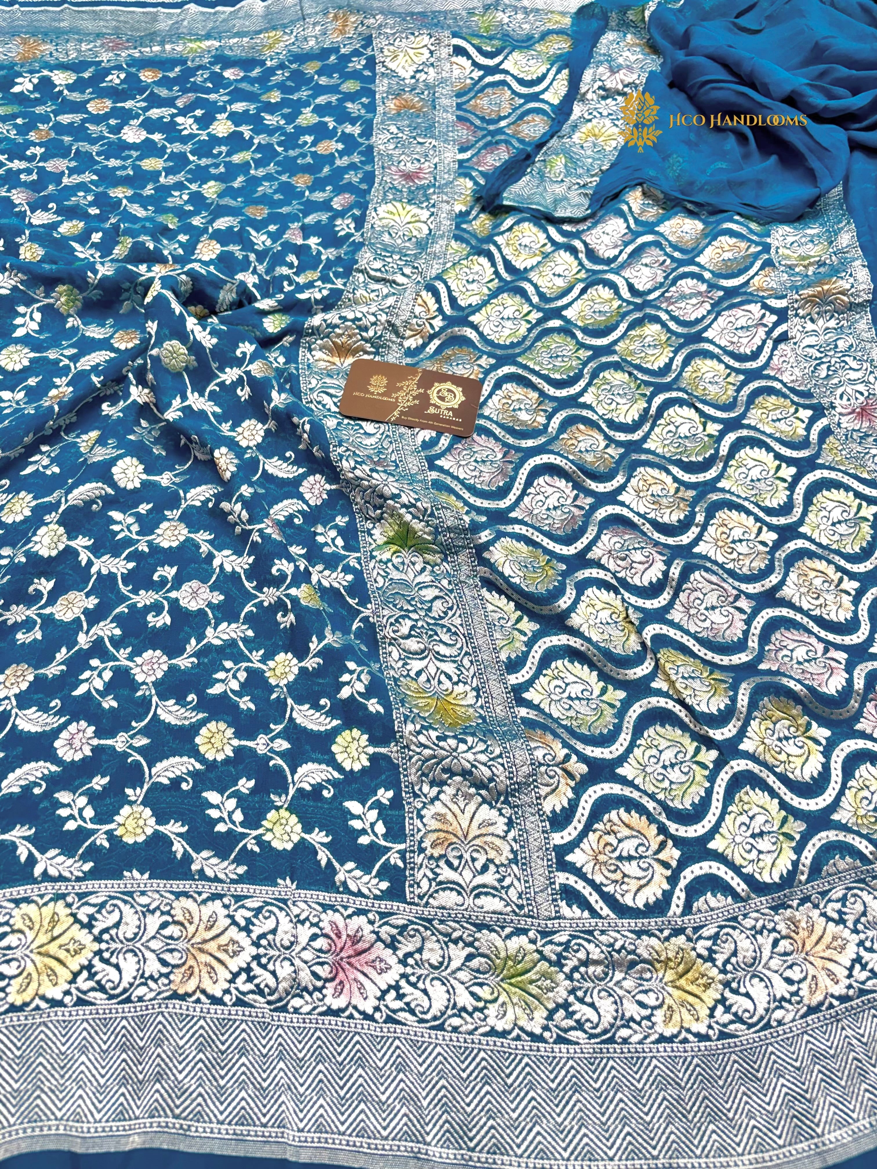 Blue Pure Khaddi Georgette Silk Handloom Banarasi Saree - All Over Meenakari Jaal