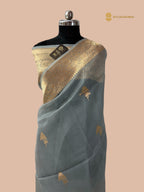 Dull Blue Pure Kora Silk Handloom Banarasi Saree - All Over Kadua Motifs