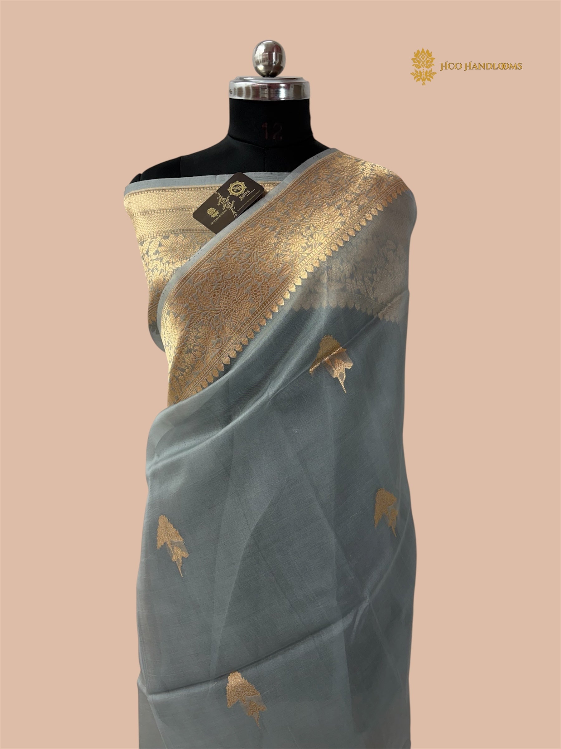 Dull Blue Pure Kora Silk Handloom Banarasi Saree - All Over Kadua Motifs