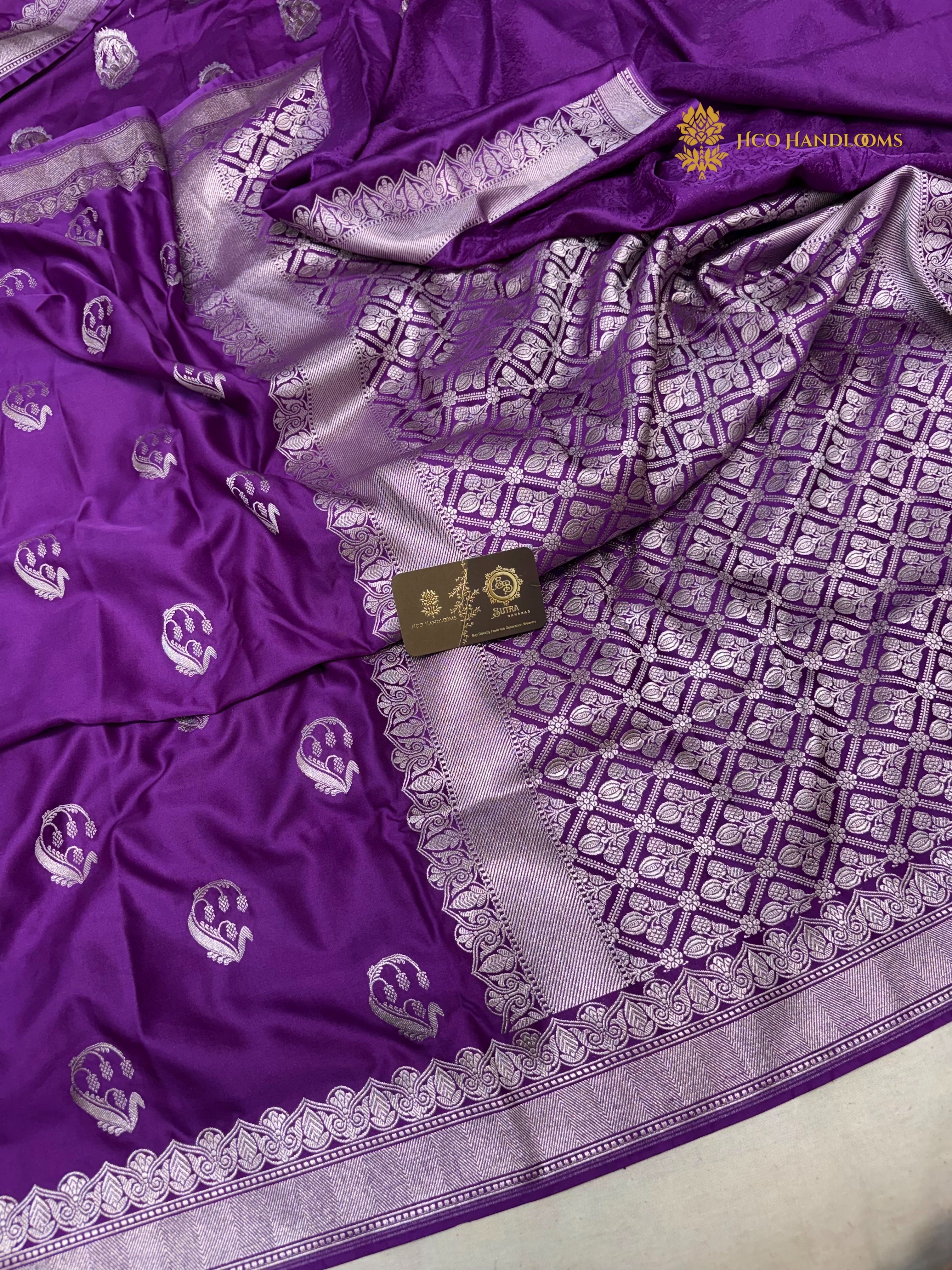Purple Premium Mashru Katan Silk Banarasi Saree - Floral Motifs