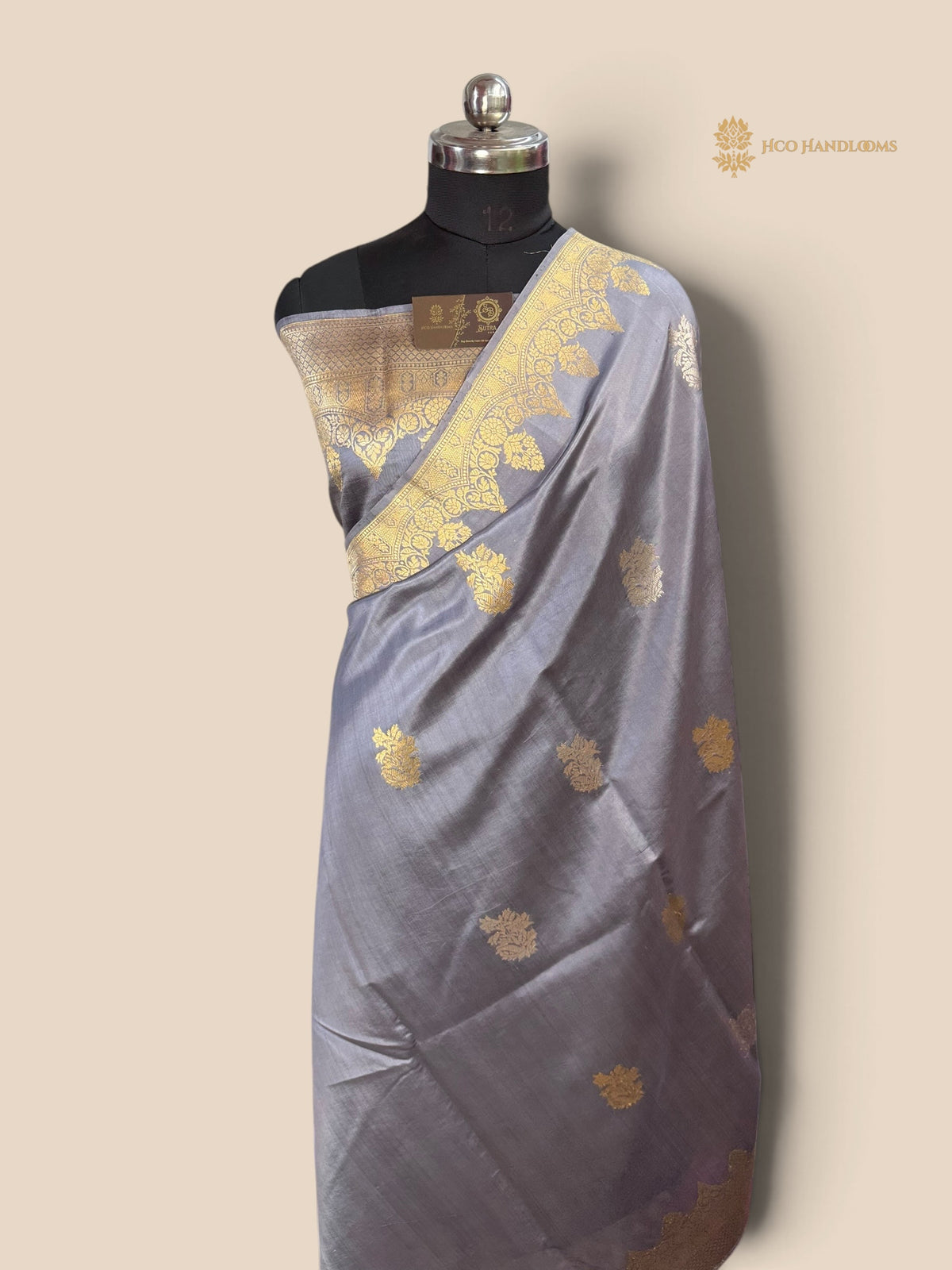 Gray Pure Mango Katan Silk Handloom Banarasi Saree - Kadhua Motifs