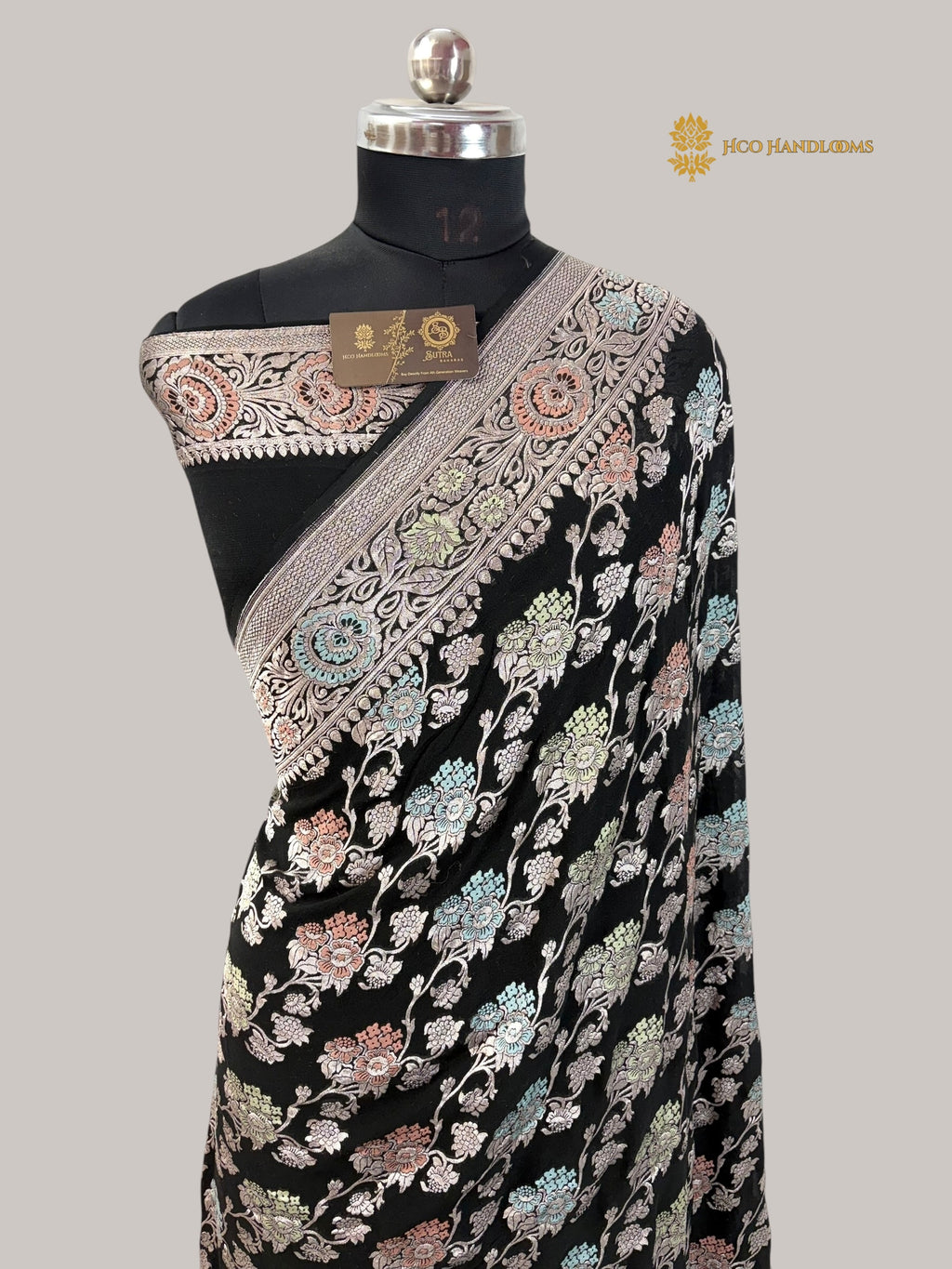 Black Pure Khaddi Georgette Silk Meenakari Handloom Banarasi Saree - Water Zari