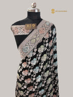 Black Pure Khaddi Georgette Silk Meenakari Handloom Banarasi Saree - Water Zari