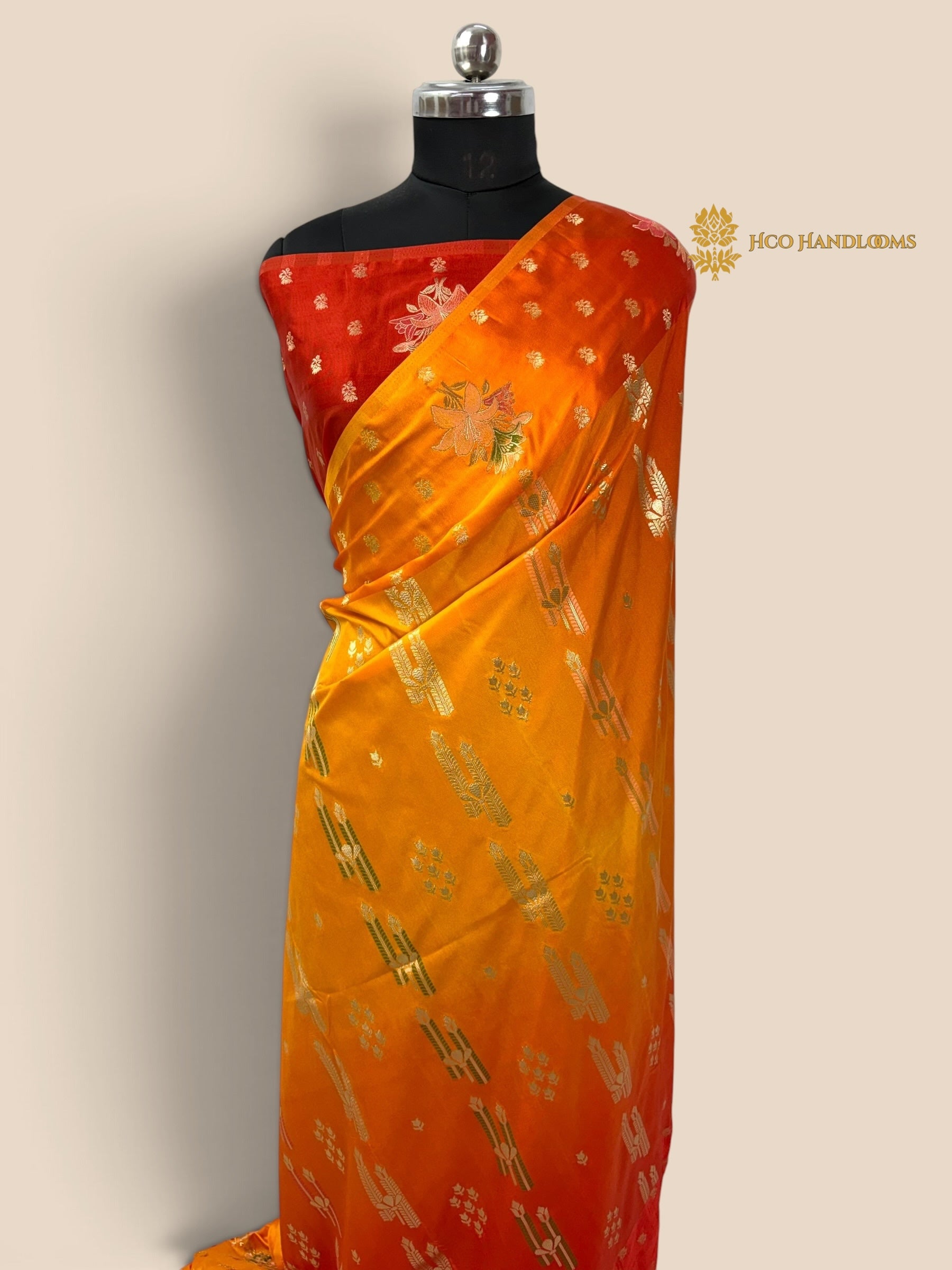 Orange To Red Gradient Premium Soft Silk Banarasi Saree - All Over Meenakari Motifs