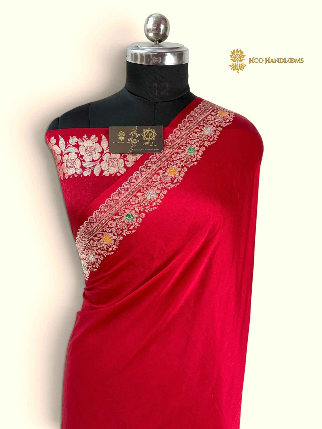 Cherry Red Premium Mashru katan Silk Banarasi Saree - All Over Meenakari Skirt