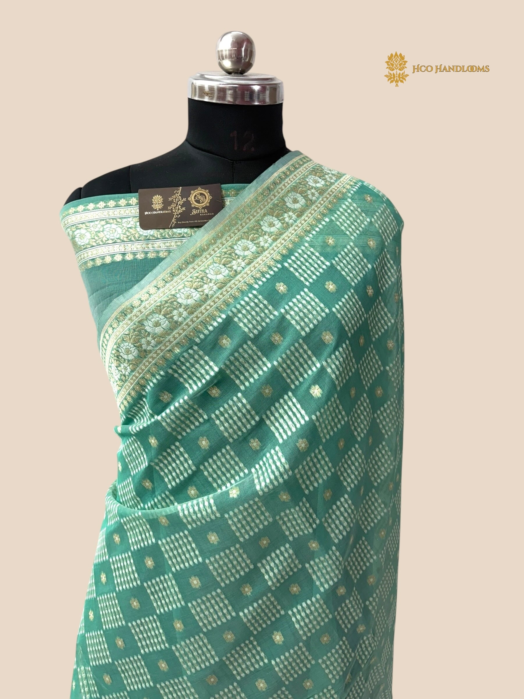 Pastel Green Premium Cotton Jamdani Banarasi Saree - All Over Jaal