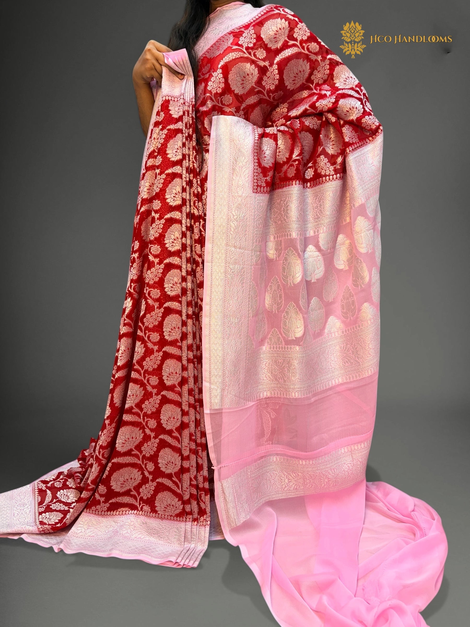 Pure Khaddi Georgette Silk Handloom Banarasi Saree With Red & Light Pink Contrast