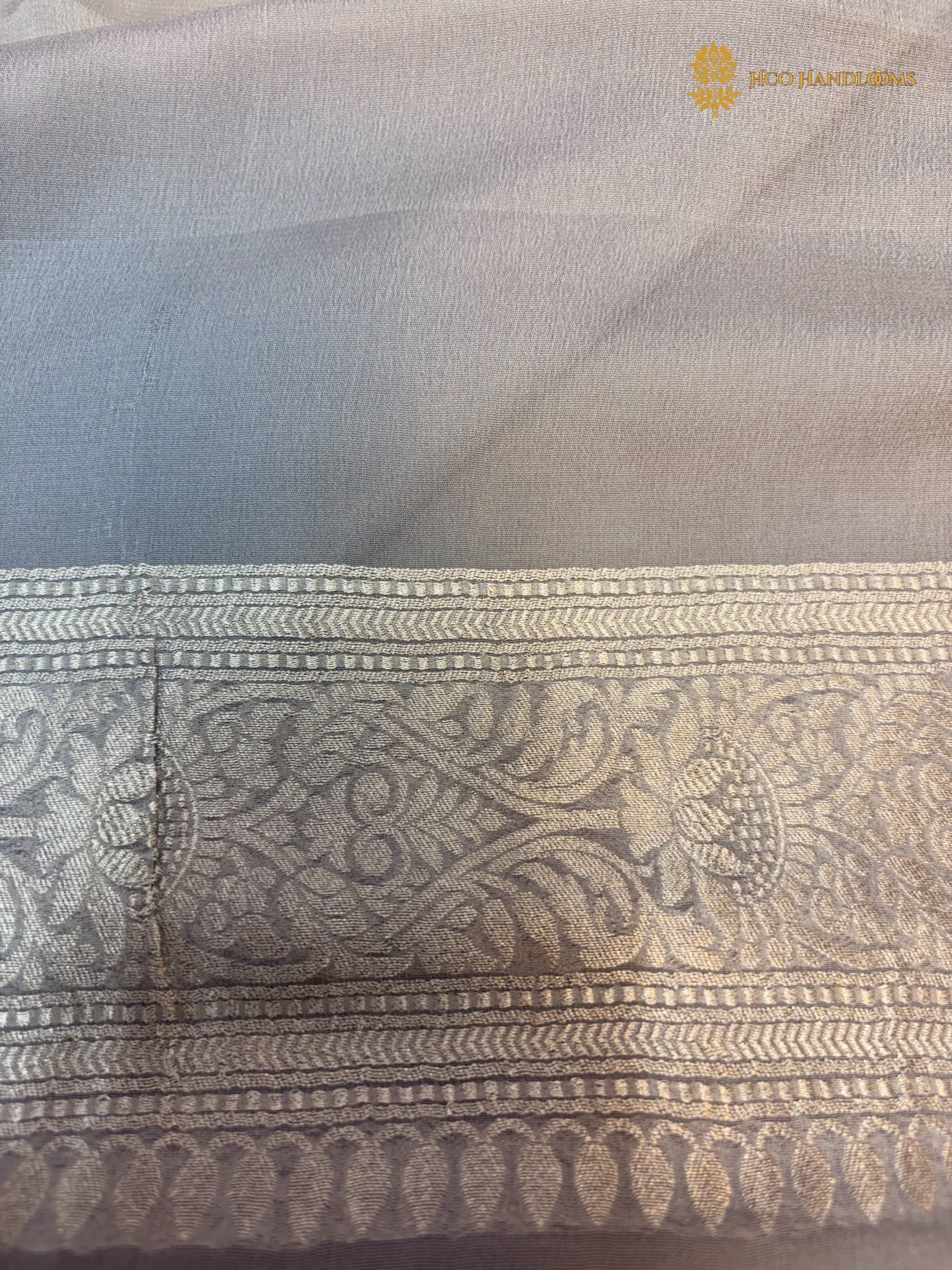 Pure Khaddi Georgette Silk Handloom Banarasi Saree With Black & Silver Contrast