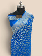 Blue Pure Khaddi Georgette Silk handloom Banarasi Saree - Silver Zari