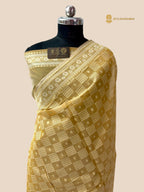 Pastel Yellow Premium Cotton Jamdani Banarasi Saree - All Over Jaal