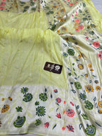 Pastel Lime Matka Tussar Silk Banarasi Saree - All Over Motifs & Paithani