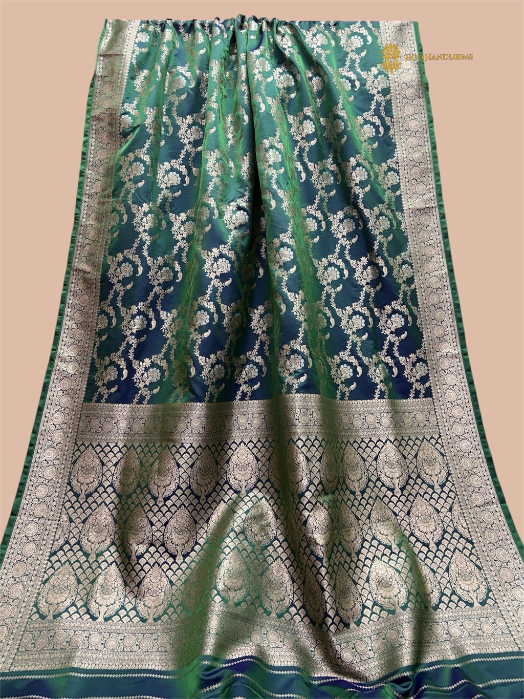 Dual Shade Green Premium Mashru Katan Silk Banarasi Saree - All Over Meenakari Jaal