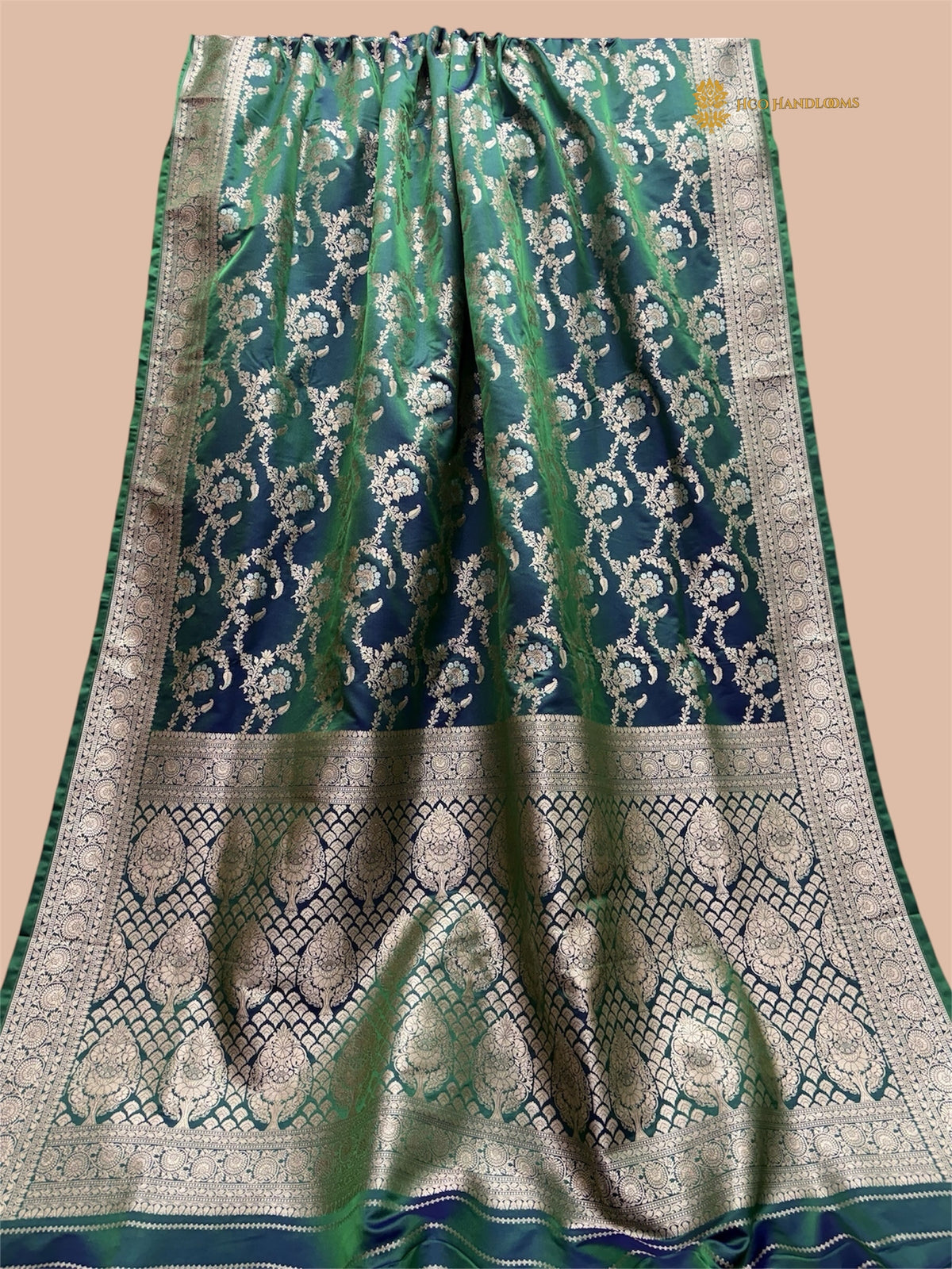 Dual Shade Green Premium Mashru Katan Silk Banarasi Saree - All Over Meenakari Jaal