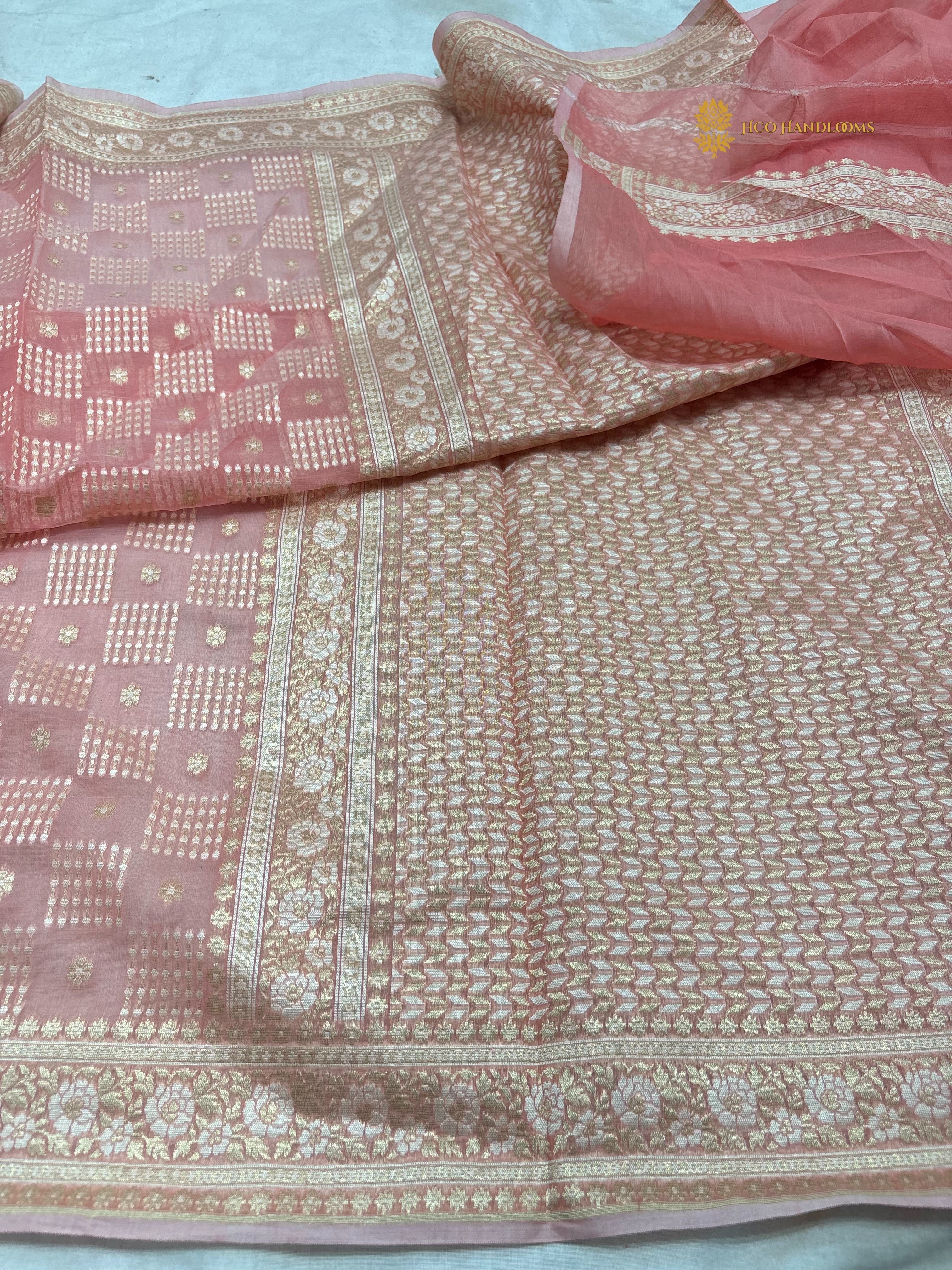 Pastel Peach Premium Cotton Jamdani Banarasi Saree - All Over Jaal