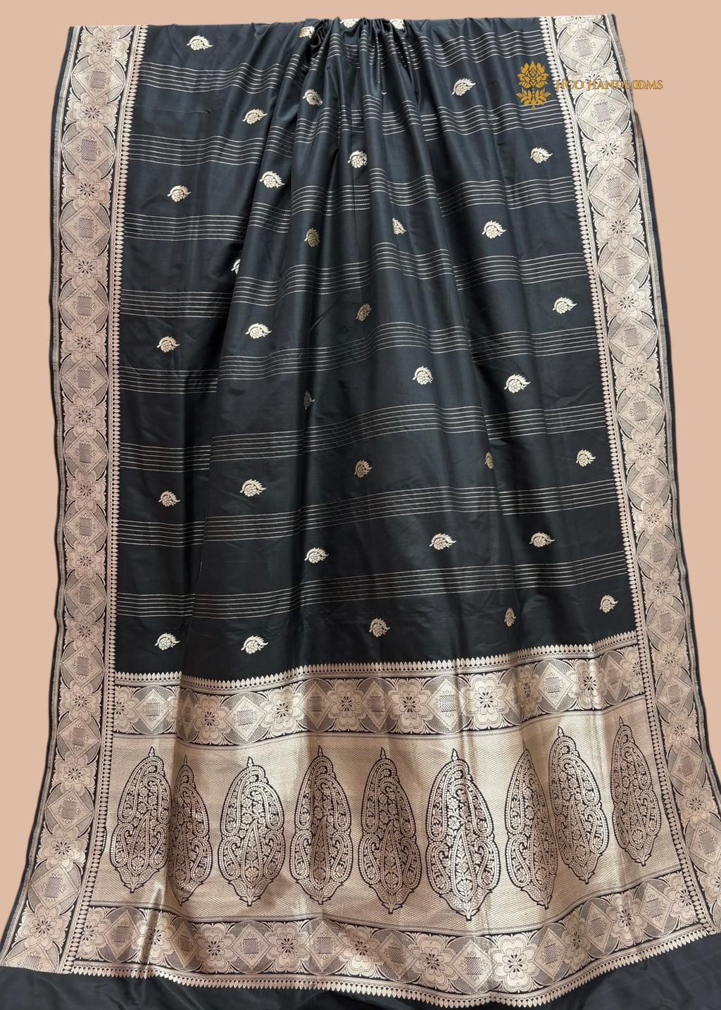 Regal Black Pure Katan Silk Handloom Banarasi saree - All Over Stripe Motifs