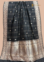 Regal Black Pure Katan Silk Handloom Banarasi saree - All Over Stripe Motifs