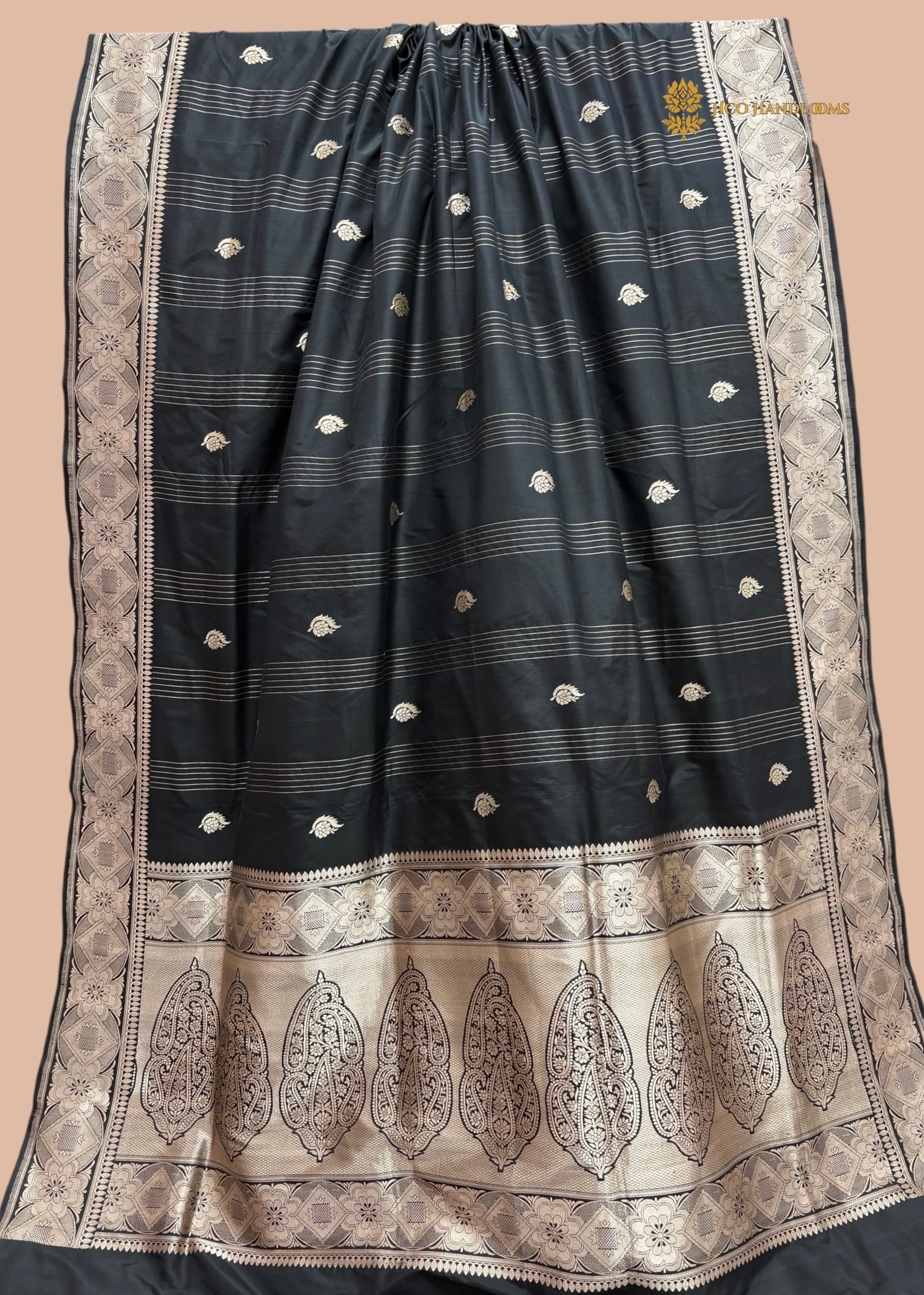 Regal Black Pure Katan Silk Handloom Banarasi saree - All Over Stripe Motifs