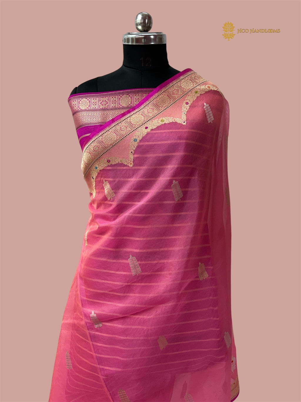 Regal Pink Pure Kora Silk Handloom Banarasi saree - All Over Stripe Meenakari Kadua Motifs