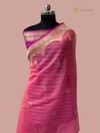 Regal Pink Pure Kora Silk Handloom Banarasi saree - All Over Stripe Meenakari Kadua Motifs
