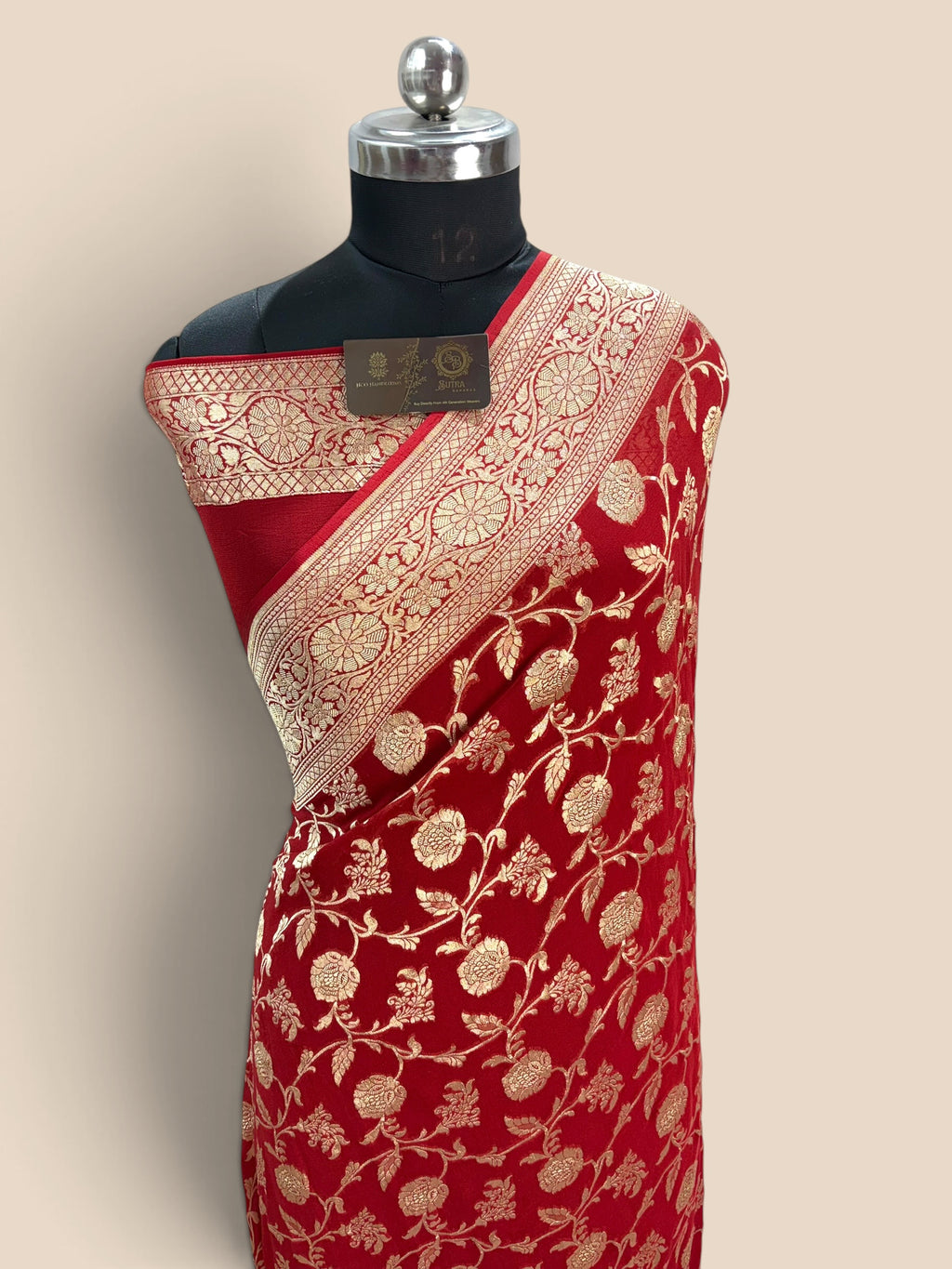 Red Pure Khaddi Georgette Silk handloom Banarasi Saree - Gold Zari