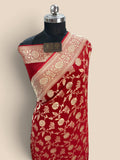 Red Pure Khaddi Georgette Silk handloom Banarasi Saree - Gold Zari