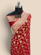 Red Pure Khaddi Georgette Silk handloom Banarasi Saree - Gold Zari