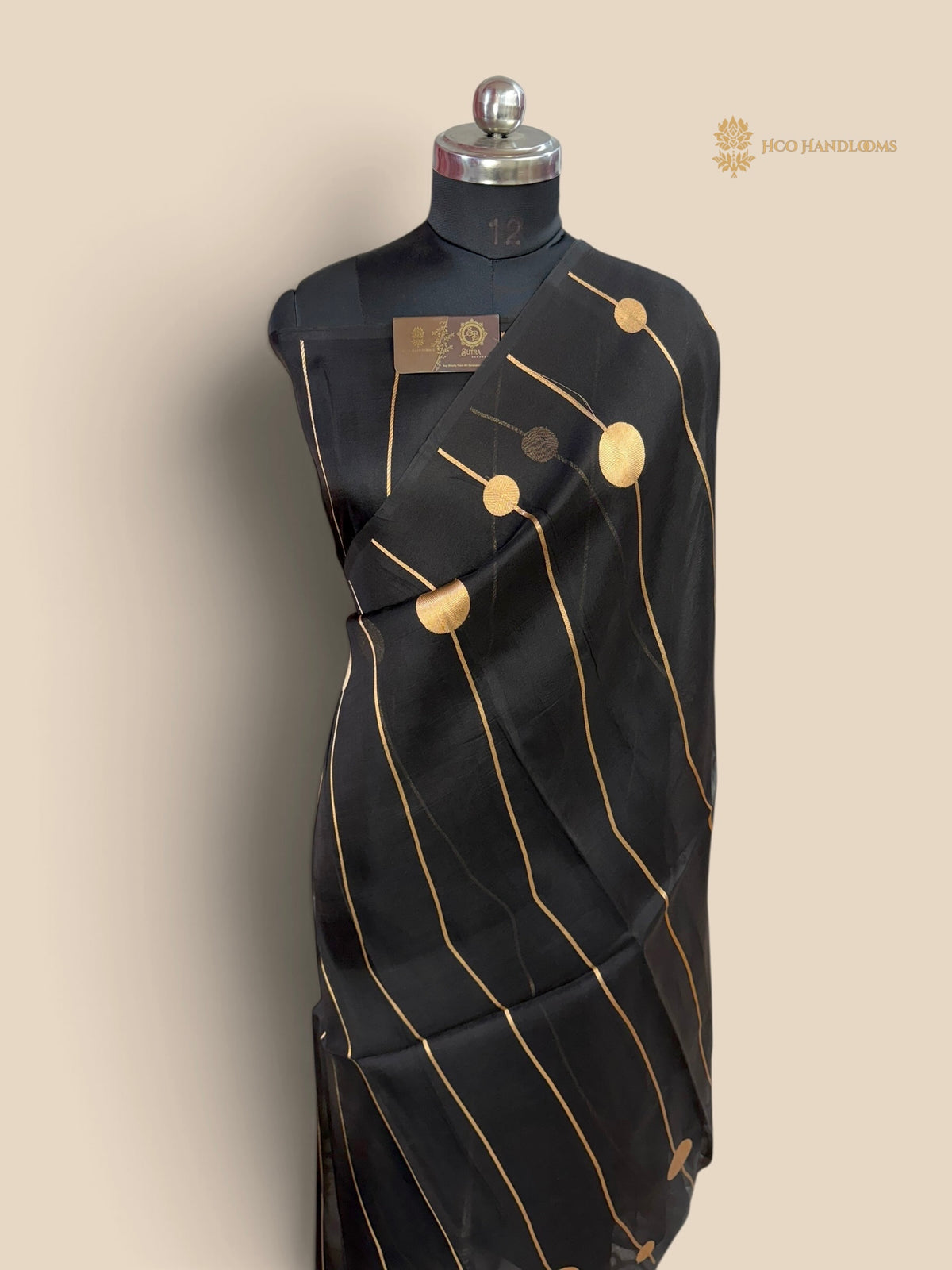 Jet black Pure Kora Silk Handloom Banarasi Saree - Zari Lines