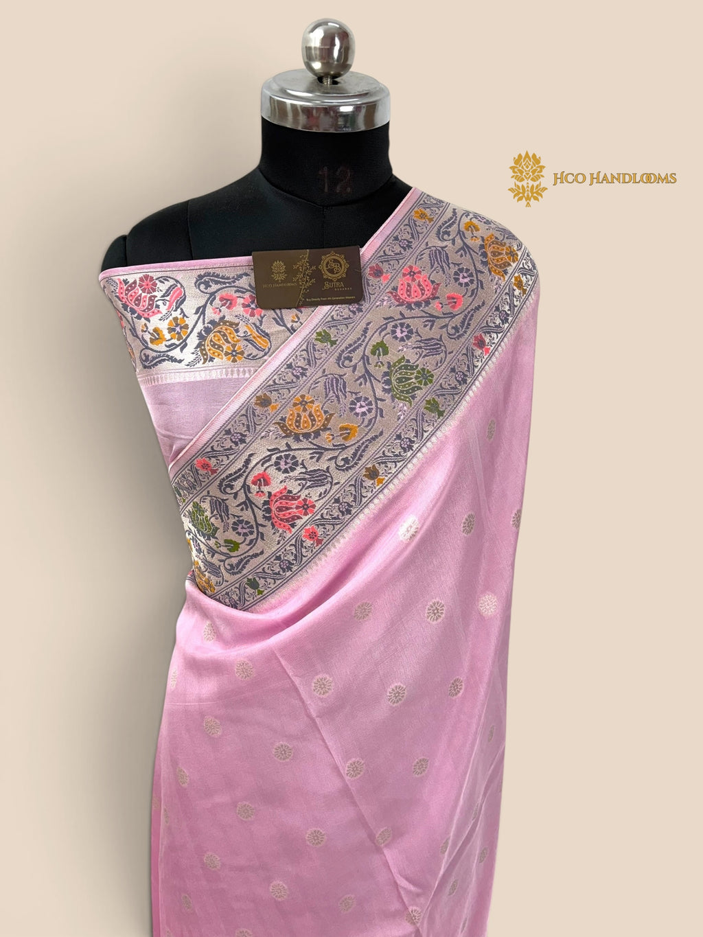 Pastel Pink Matka Tussar Silk Banarasi Saree - All Over Motifs & Paithani