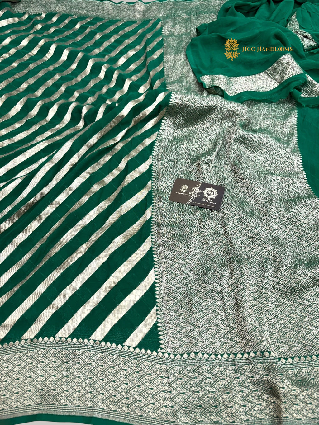 Green Pure Khaddi Georgette Silk handloom Banarasi Saree - Water Zari