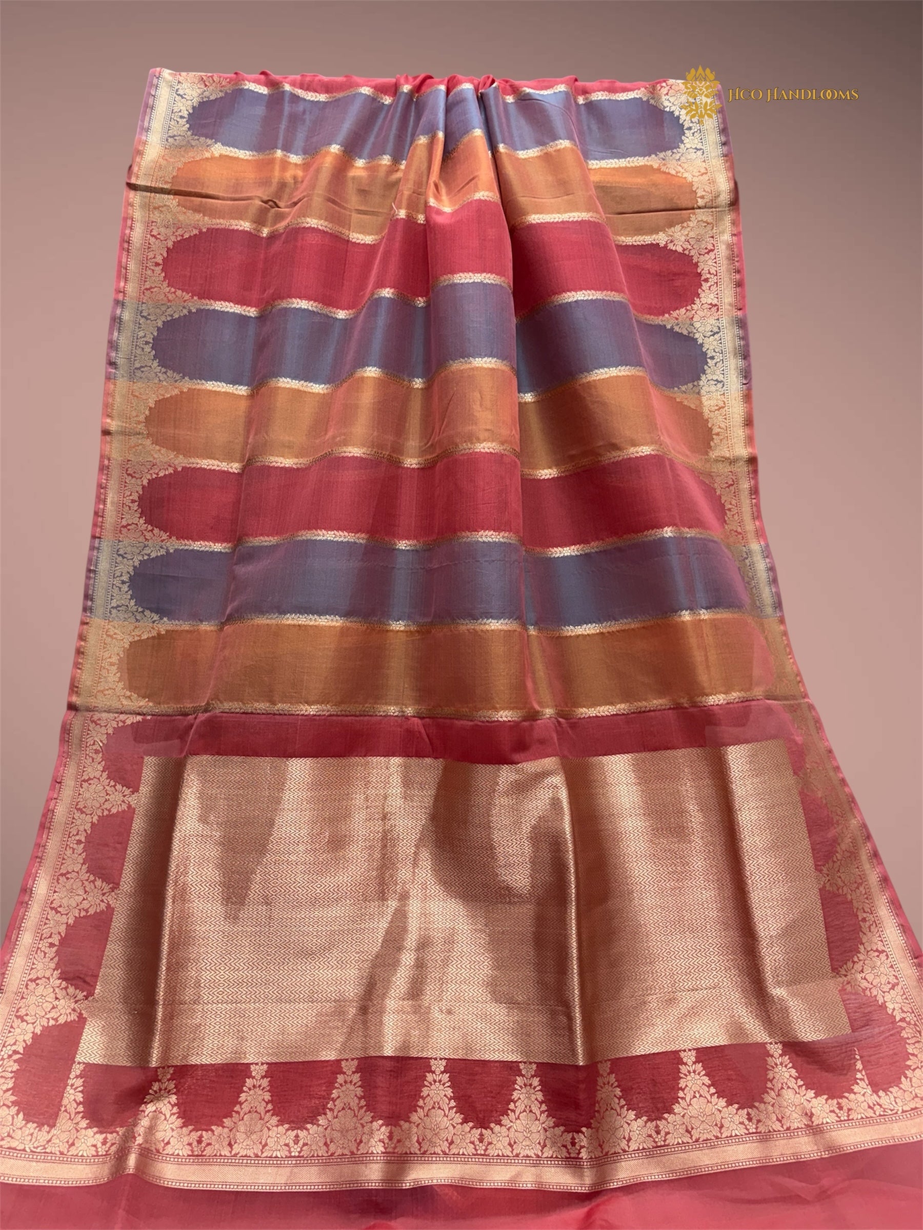 Rangkat Pure Kora Silk Handloom Banarasi saree - All Over Stripes