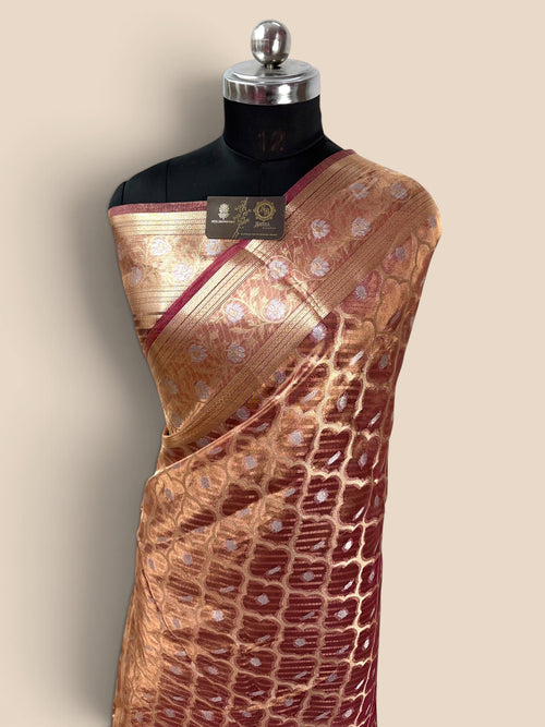 Copper Pure Tissue Silk Handloom Banarasi Saree - Jaal Motifs