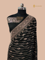 Regal Black Premium Mashru Katan Silk Banarasi Saree - All Over Diagonal Stripes