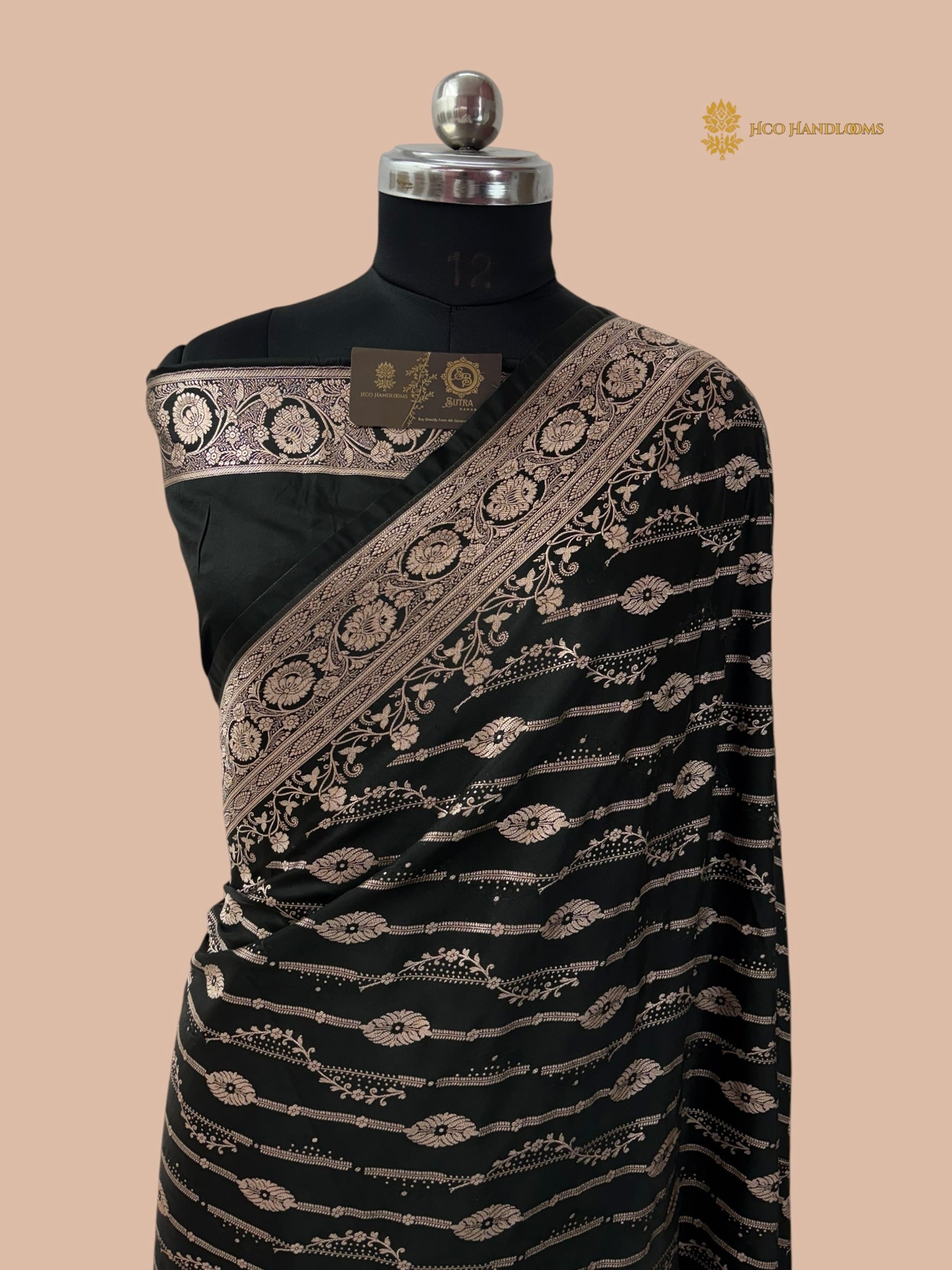 Regal Black Premium Mashru Katan Silk Banarasi Saree - All Over Diagonal Stripes