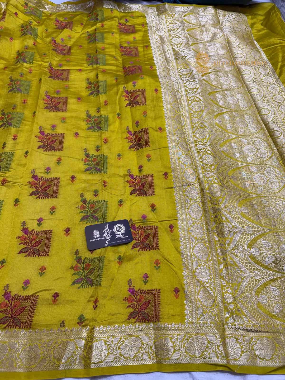 Yellow Pure Chiniya Silk Handloom Banarasi Saree - All Over Meenakari Motifs