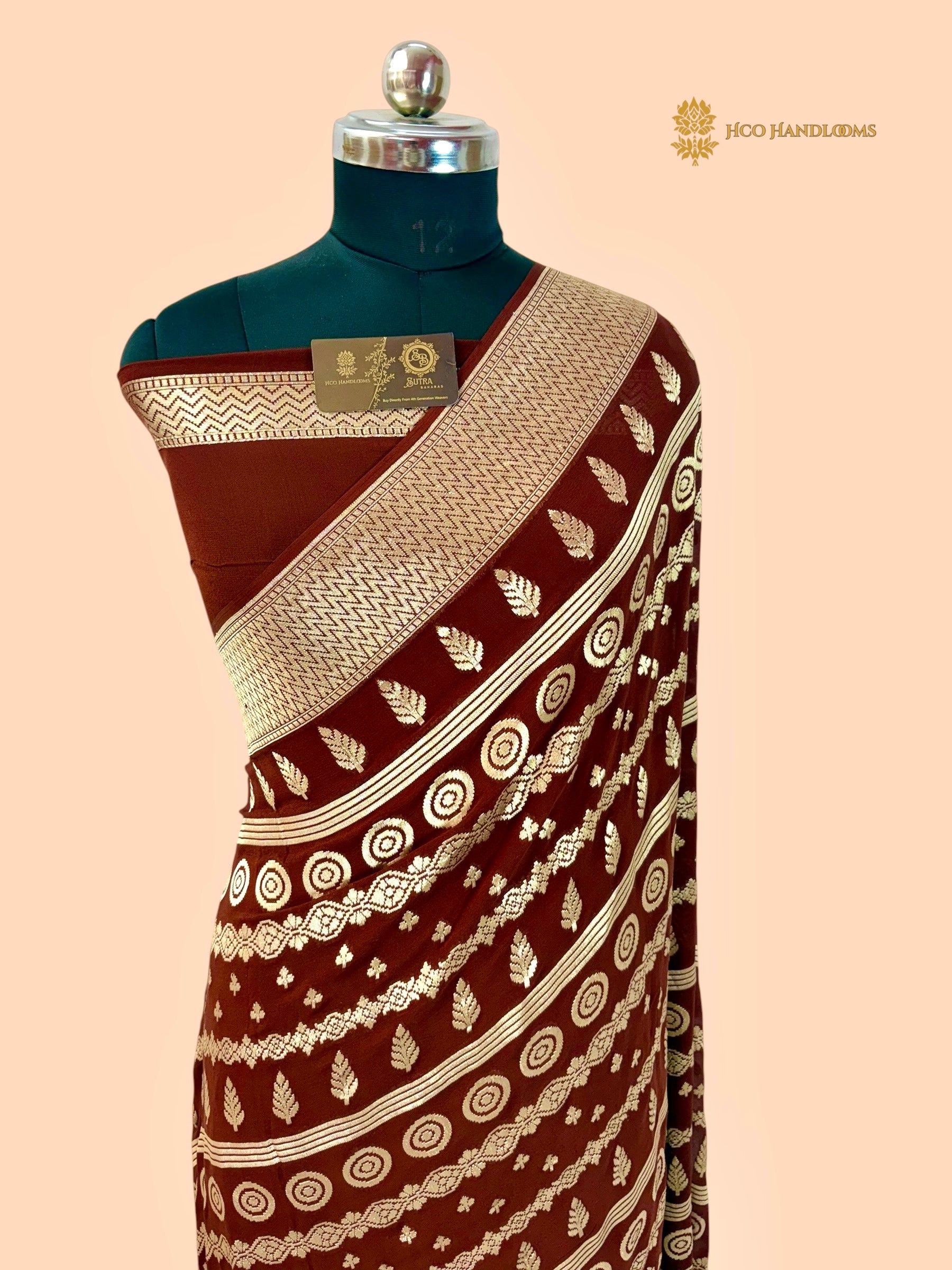 Brown Pure Khaddi Georgette Silk Handloom Banarasi Saree