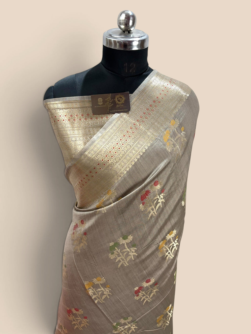 Gray Pure Chiniya Silk Handloom Banarasi Saree - All Over Meenakari Motifs