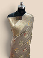 Gray Pure Chiniya Silk Handloom Banarasi Saree - All Over Meenakari Motifs