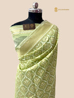 Pastel Green Premium Cotton Jamdani Banarasi Saree - All Over Jaal