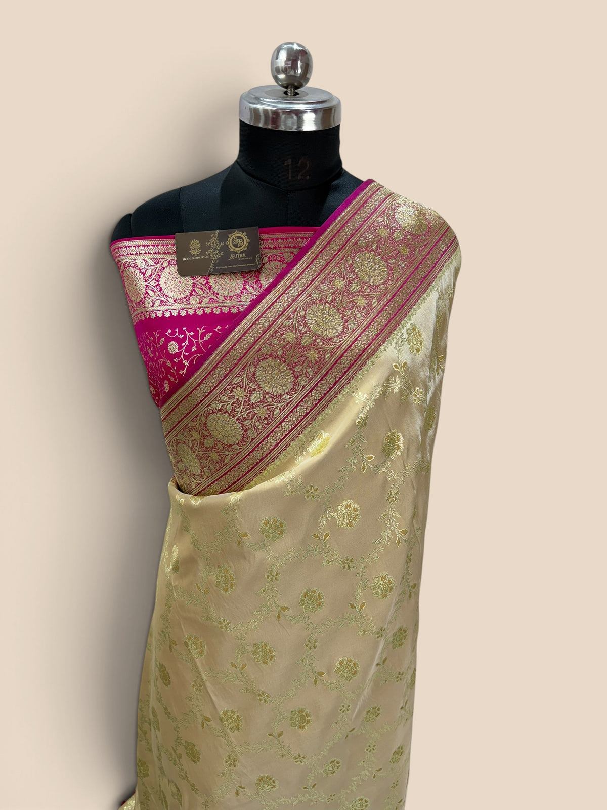 Ivory Mashru katan Satin Silk Banarasi Saree - Meenakari Jaal