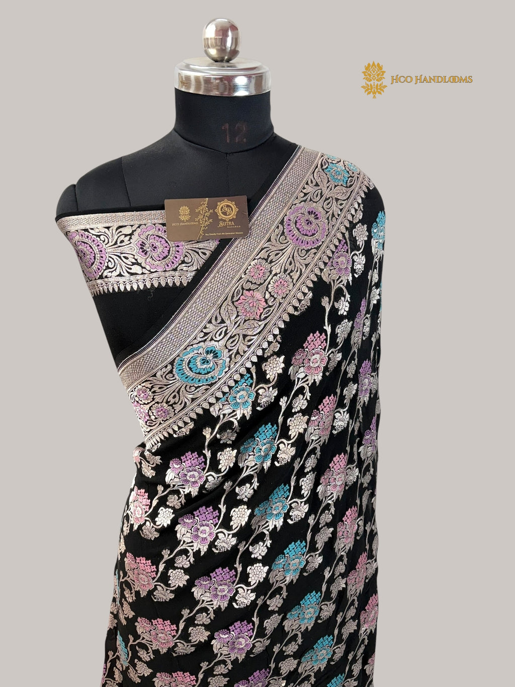 Black Pure Khaddi Georgette Silk Meenakari Handloom Banarasi Saree - Water Zari
