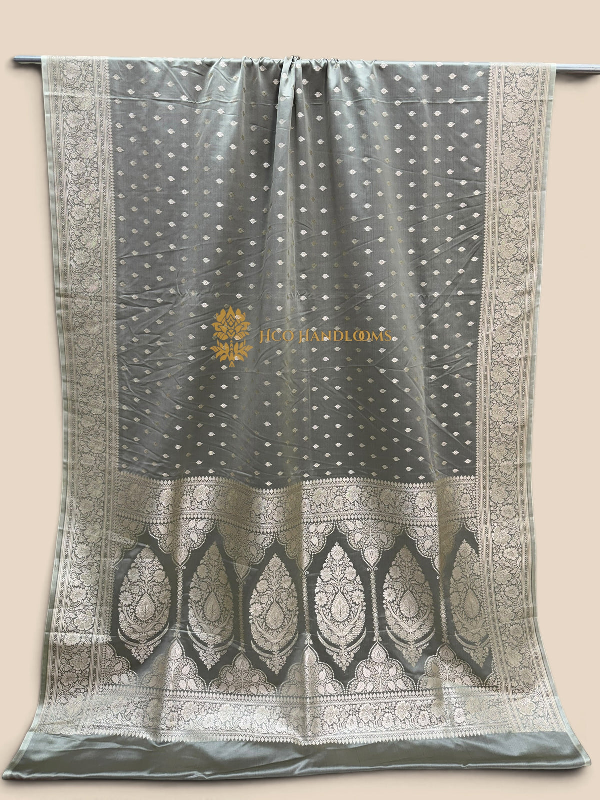 Grey Premium Mashru Katan Silk Banarasi Saree - All Over Small Motifs